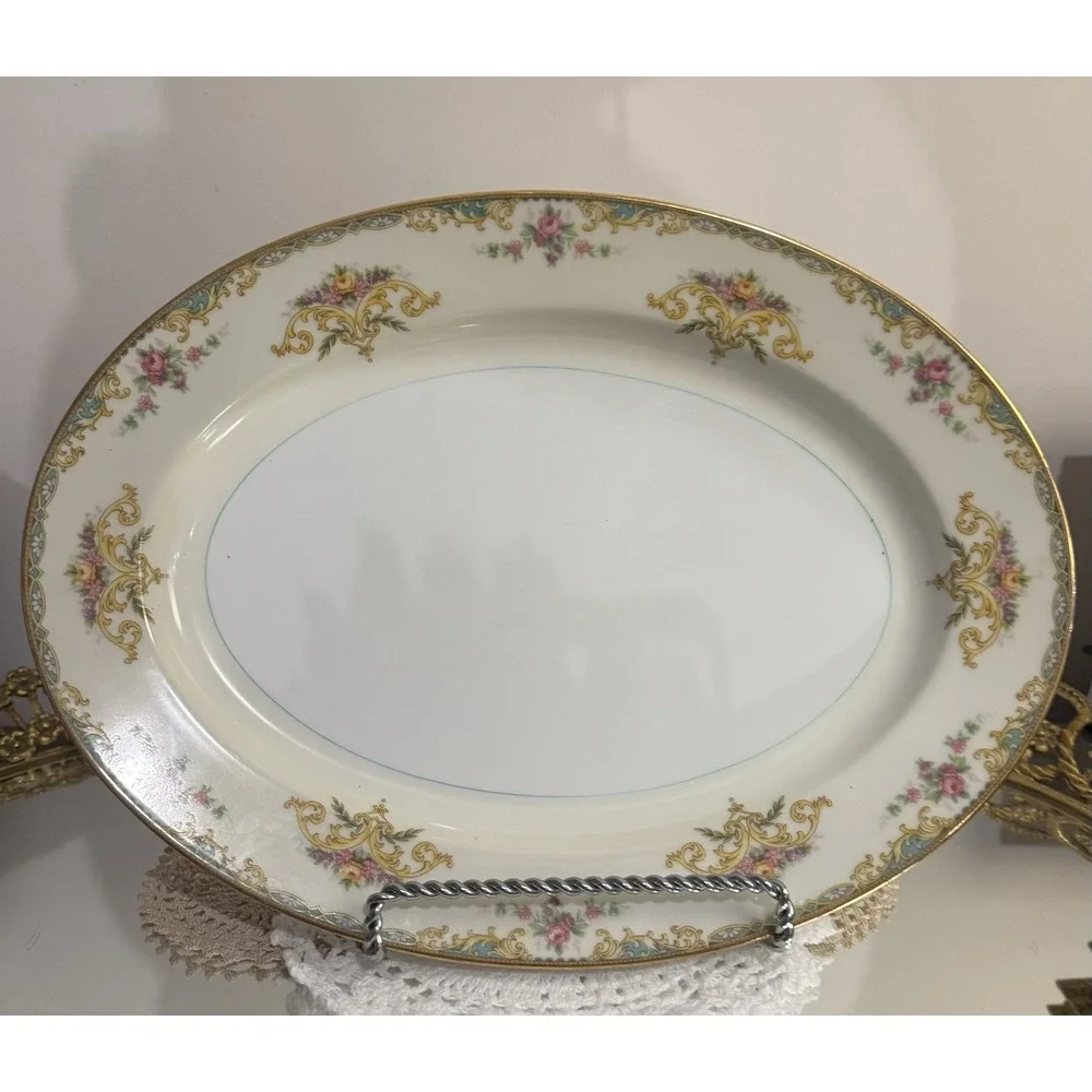 1933 Vintage Noritake Gloria 13 1/2 in Oval Sewrving Platter Green Yellow Floral